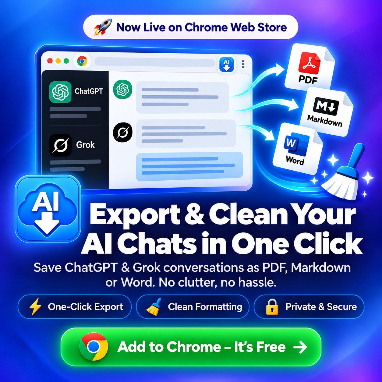 Moonfire AI Chat Exporter — Export and clean your AI chats in one click. Now live on the Chrome Web Store and Firefox Add-ons.