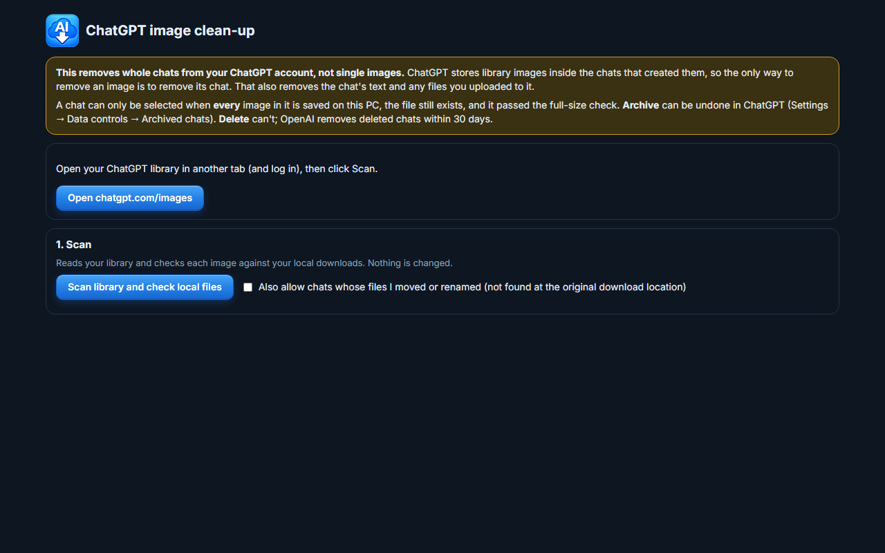 ChatGPT image clean-up page with a scan button and a warning that whole chats are removed, not single images