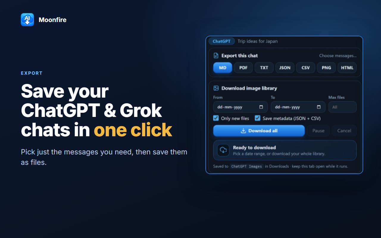 Moonfire export panel showing MD, PDF, TXT, JSON, CSV, PNG and HTML buttons and the image library download options