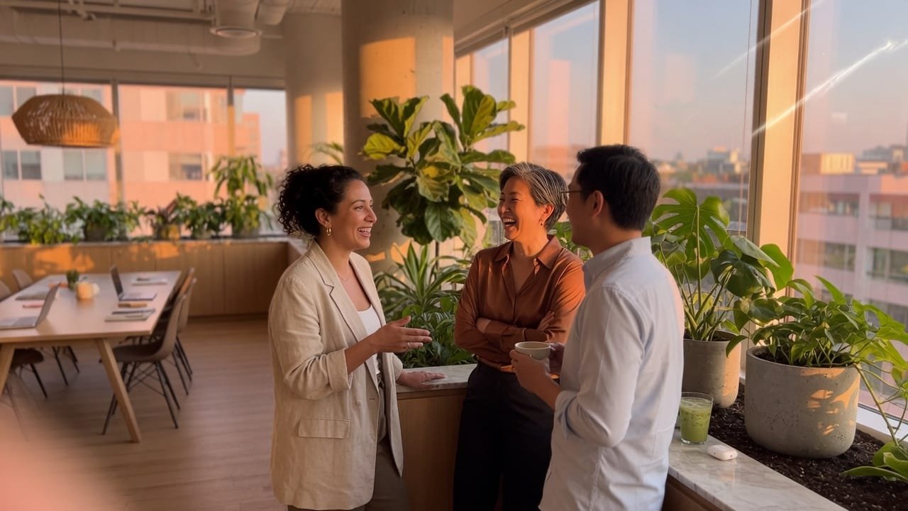 Team collaborating in a naturally lit office