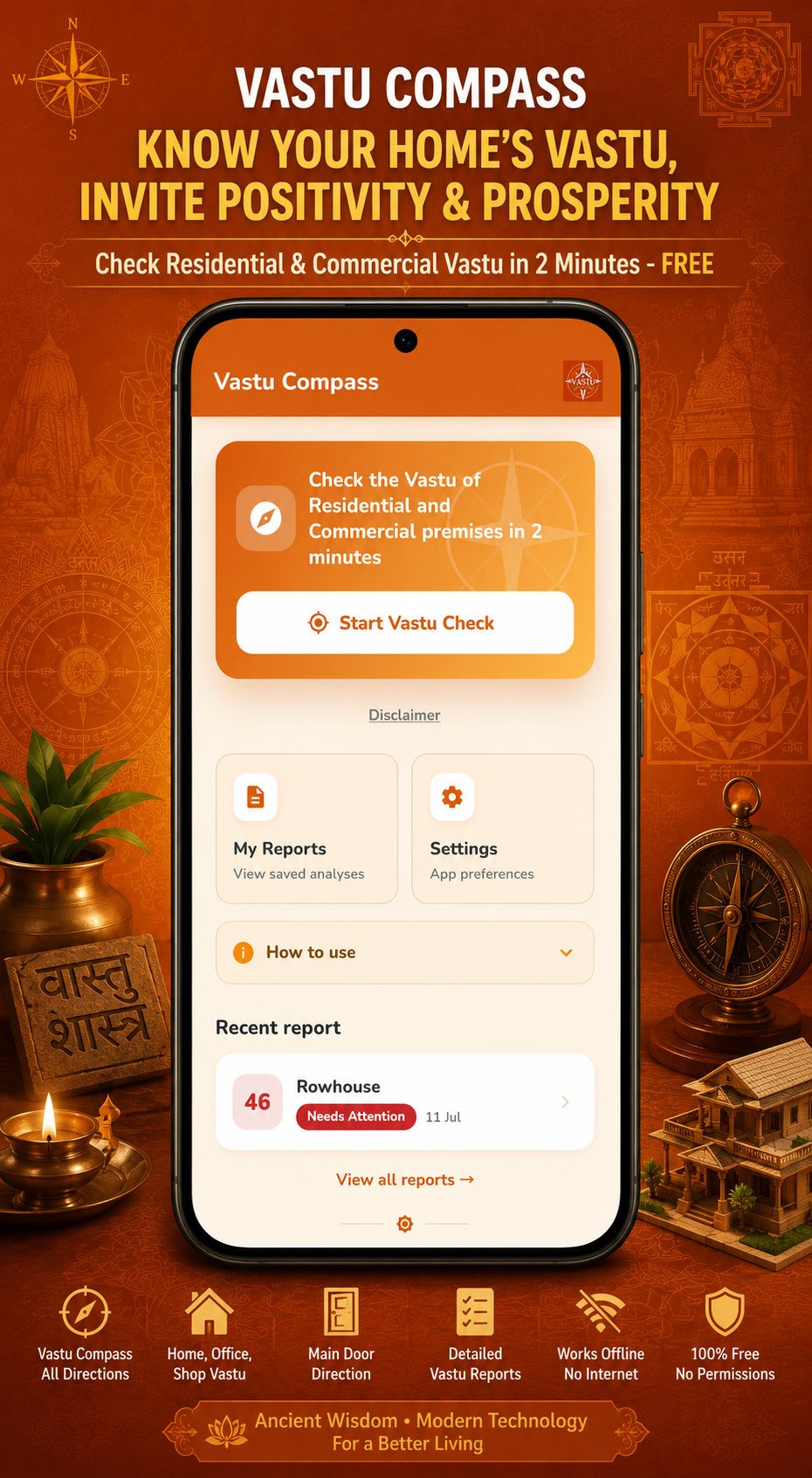 Vastu Compass home screen — start a Vastu check in two minutes